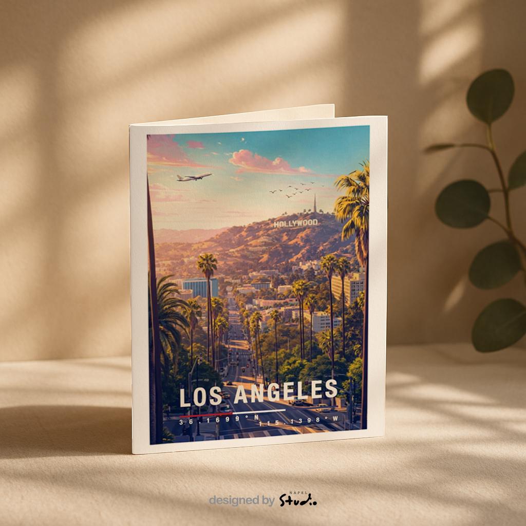Illustration einer Los Angeles Grußkarte mit palmenreicher Straße, sanften Hügeln und warmer Abendstimmung. Im Hintergrund liegen typische kalifornische Wohnviertel, breite Straßen und die ikonische Landschaft von LA. Die Farbpalette vermittelt Sommer, Freiheit und Westcoast-Vibes und eignet sich ideal als Reisegruß, Geschenk oder Erinnerung an Kalifornien.