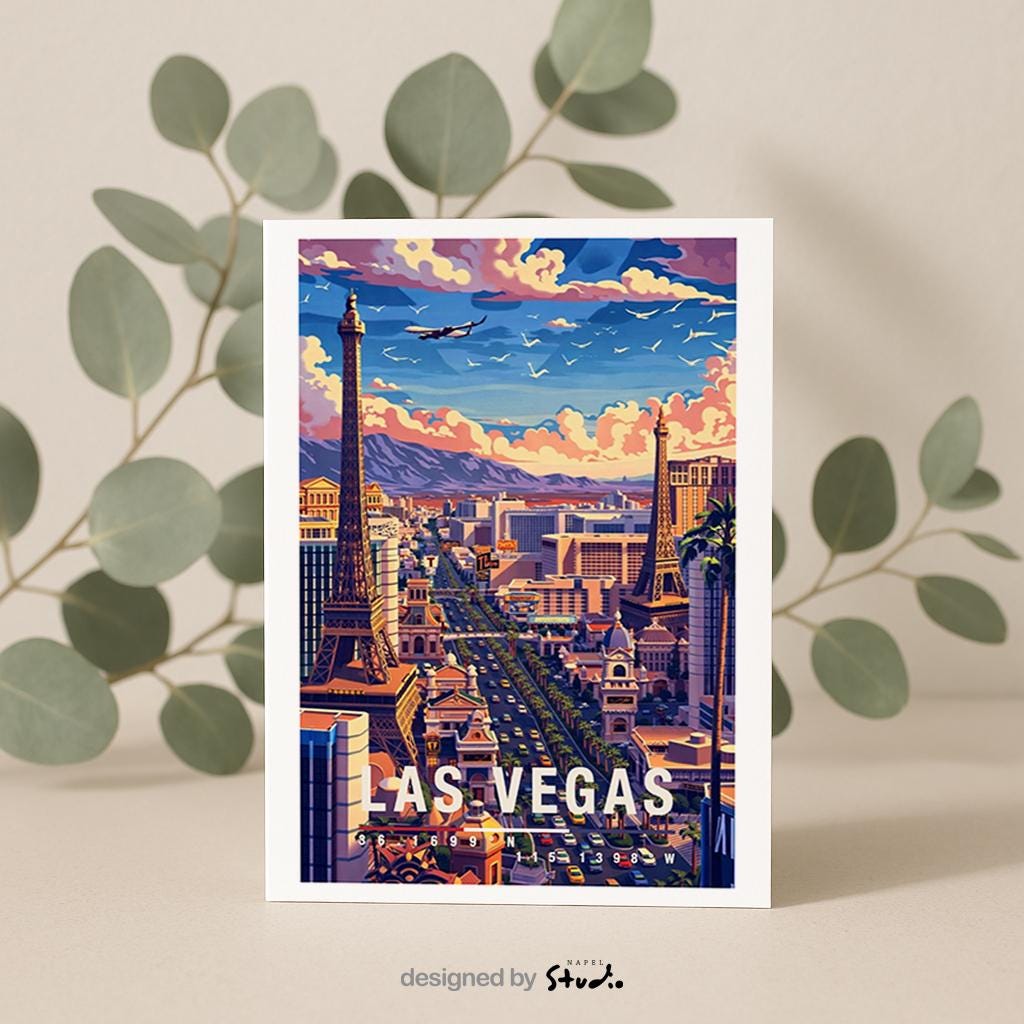 Illustrierte Grußkarte von Las Vegas bei Tageslicht mit berühmten Wahrzeichen des Strips, lebendiger Skyline und dynamischer Stadtatmosphäre. Die Szene steht für Entertainment, Reisen und Großstadtenergie und eignet sich perfekt als Grußkarte oder Geschenk für USA- und Vegas-Fans.
