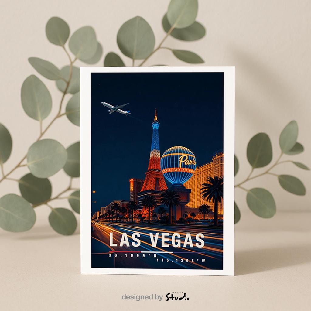 Diese Grußkarte zeigt Las Vegas bei Nacht mit leuchtenden Neonlichtern, ikonischen Hotels und pulsierender Atmosphäre. Die Illustration fängt den Glamour, das Nachtleben und die Energie der Stadt ein und ist ideal als Geschenk oder Reisegruß aus den USA.