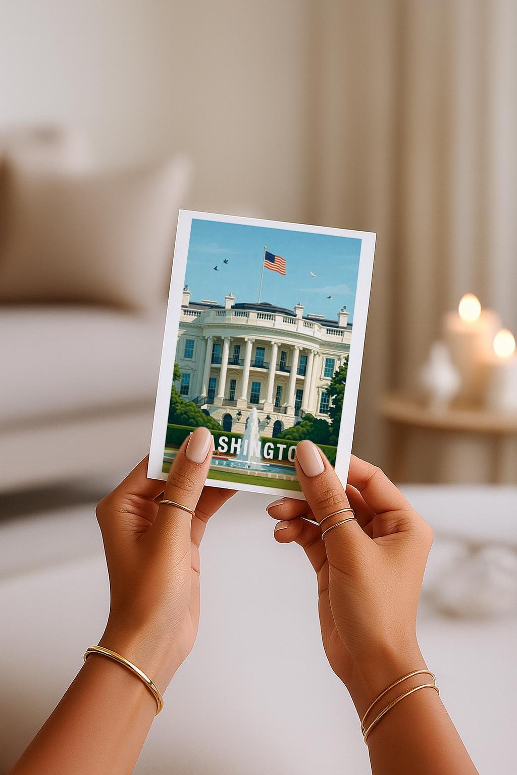 Diese Grußkarte zeigt das Weiße Haus in Washington D.C. mit amerikanischer Flagge und klassischer Architektur. Die Illustration steht für Geschichte, Politik und Kultur der USA und eignet sich hervorragend als Grußkarte oder besonderes Geschenk.