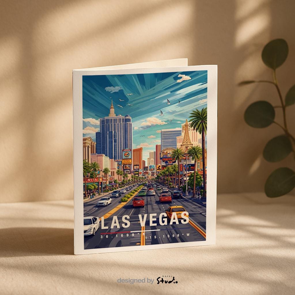 Illustration einer Las Vegas Grußkarte mit klassischer Perspektive auf den Strip, Hotels, Palmen und Straßenverkehr. Die Szene vermittelt Bewegung, Entertainment und Reiselust und eignet sich hervorragend als Grußkarte oder Souvenir für USA-Reisende.