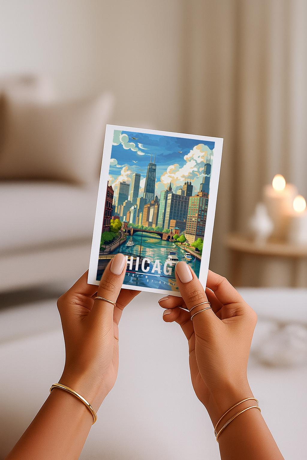 Diese Grußkarte zeigt Chicago mit markanter Skyline, Flusslauf und typischen Hochhäusern. Die Illustration vermittelt urbane Ruhe und Architektur-Flair und eignet sich ideal als Grußkarte oder Geschenk für Chicago- und USA-Fans.