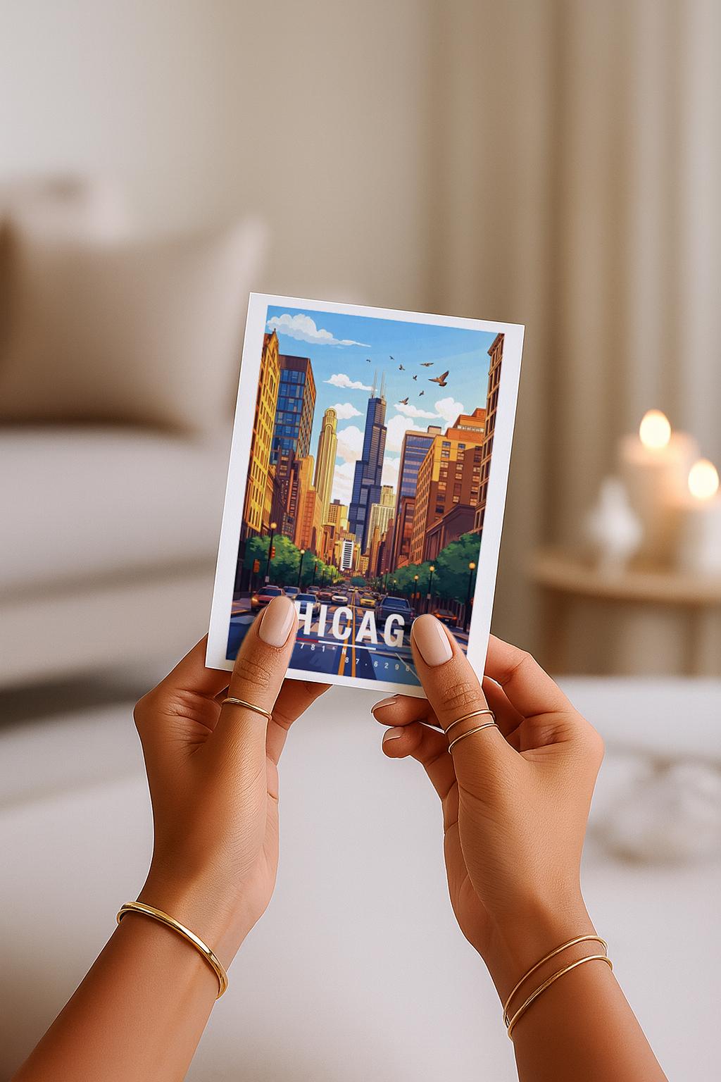Illustrierte Grußkarte mit Blick auf eine typische Chicagoer Straße, flankiert von hohen Gebäuden und urbanem Leben. Die Szene fängt Dynamik, Architektur und Großstadtgefühl ein und ist perfekt als Reisegruß oder Geschenk geeignet.