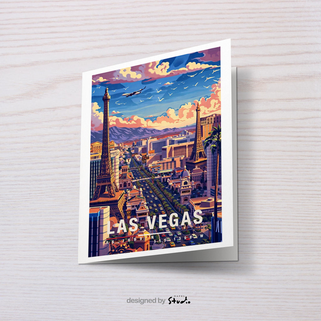 Illustrierte Grußkarte von Las Vegas bei Tageslicht mit berühmten Wahrzeichen des Strips, lebendiger Skyline und dynamischer Stadtatmosphäre. Die Szene steht für Entertainment, Reisen und Großstadtenergie und eignet sich perfekt als Grußkarte oder Geschenk für USA- und Vegas-Fans.