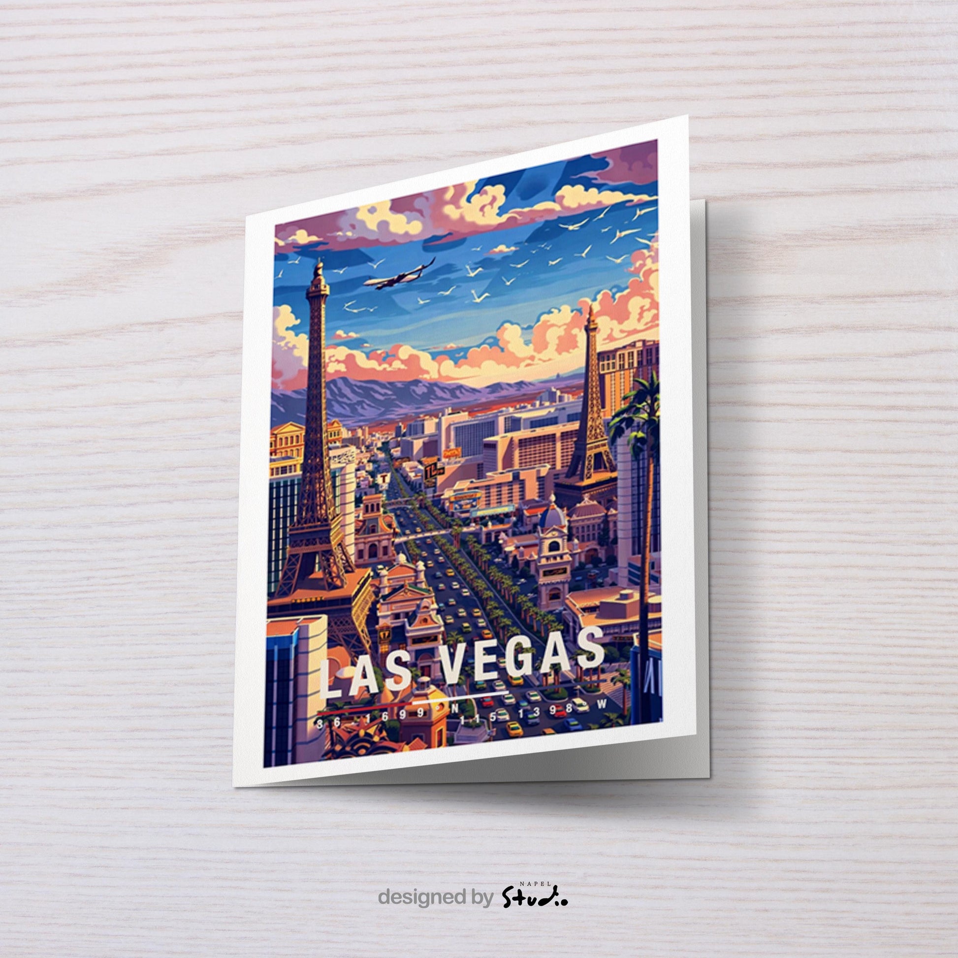 Illustrierte Grußkarte von Las Vegas bei Tageslicht mit berühmten Wahrzeichen des Strips, lebendiger Skyline und dynamischer Stadtatmosphäre. Die Szene steht für Entertainment, Reisen und Großstadtenergie und eignet sich perfekt als Grußkarte oder Geschenk für USA- und Vegas-Fans.
