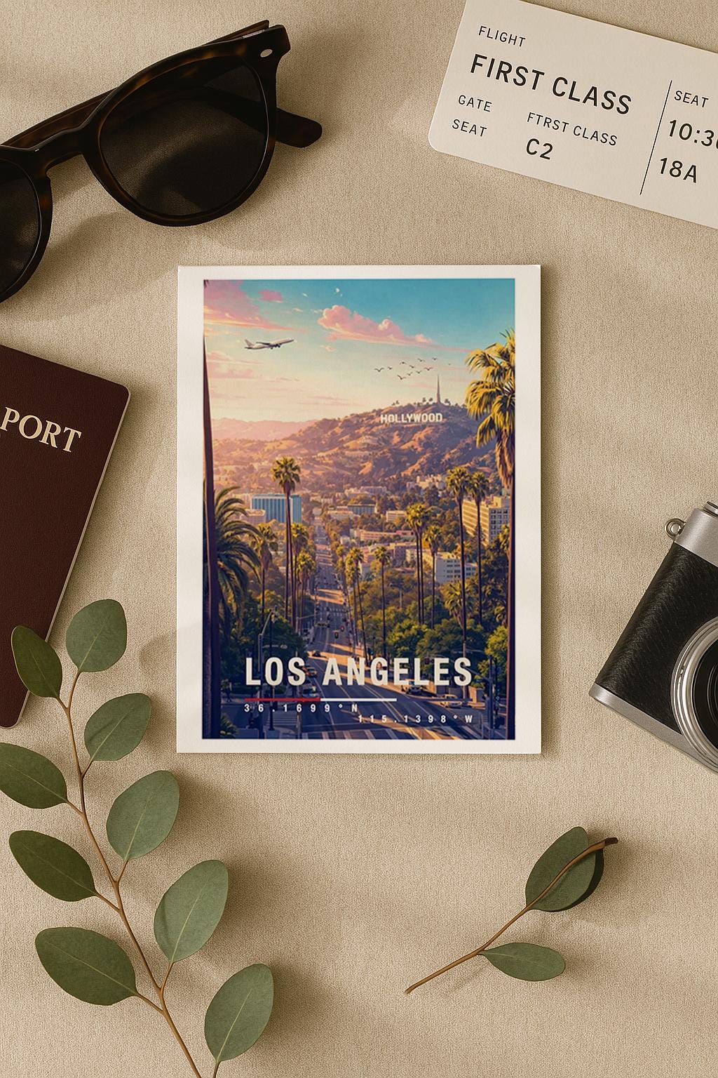 Illustration einer Los Angeles Grußkarte mit palmenreicher Straße, sanften Hügeln und warmer Abendstimmung. Im Hintergrund liegen typische kalifornische Wohnviertel, breite Straßen und die ikonische Landschaft von LA. Die Farbpalette vermittelt Sommer, Freiheit und Westcoast-Vibes und eignet sich ideal als Reisegruß, Geschenk oder Erinnerung an Kalifornien.