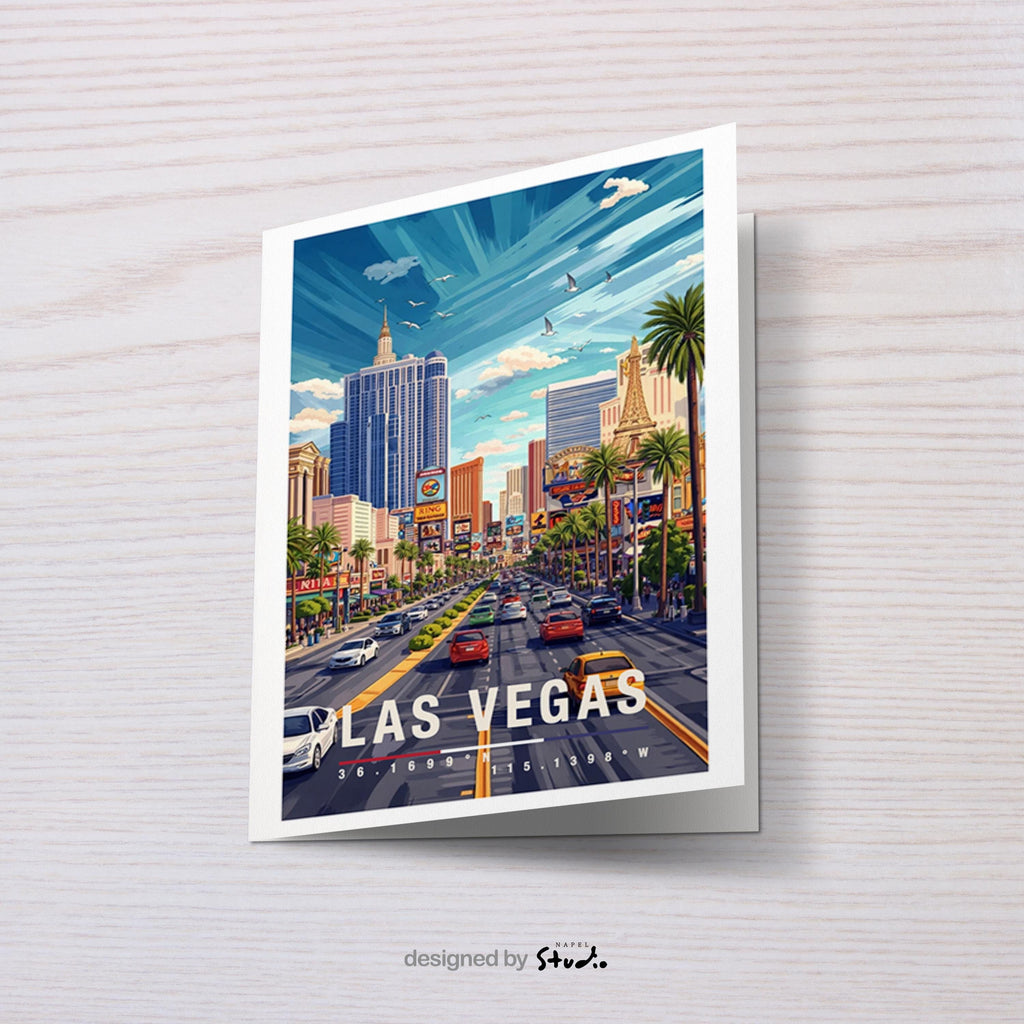 Illustration einer Las Vegas Grußkarte mit klassischer Perspektive auf den Strip, Hotels, Palmen und Straßenverkehr. Die Szene vermittelt Bewegung, Entertainment und Reiselust und eignet sich hervorragend als Grußkarte oder Souvenir für USA-Reisende.