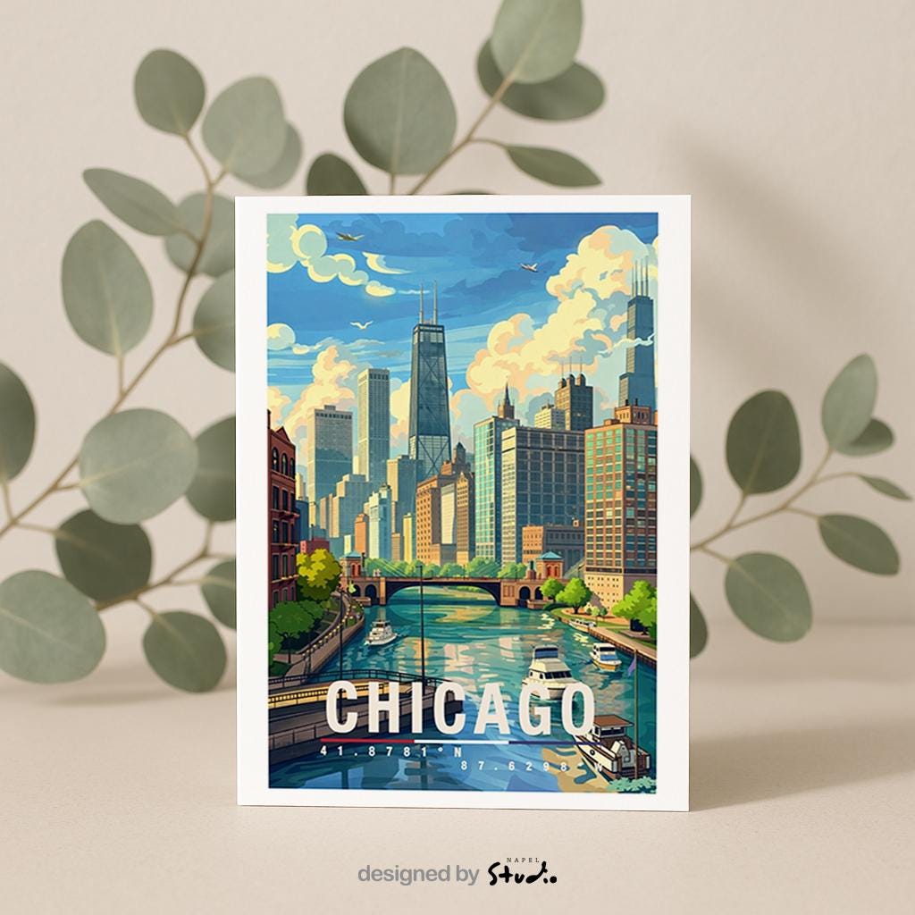Diese Grußkarte zeigt Chicago mit markanter Skyline, Flusslauf und typischen Hochhäusern. Die Illustration vermittelt urbane Ruhe und Architektur-Flair und eignet sich ideal als Grußkarte oder Geschenk für Chicago- und USA-Fans.