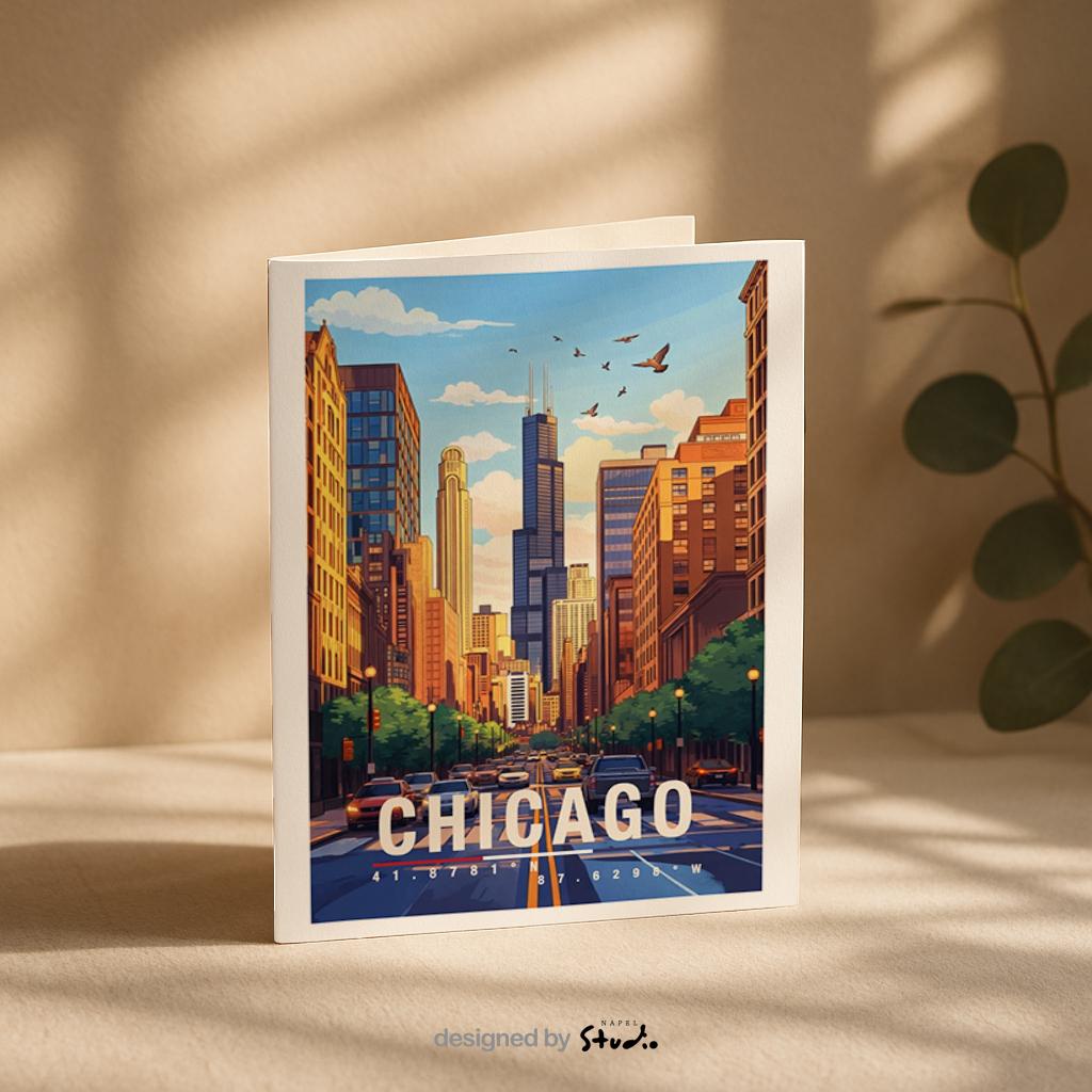 Illustrierte Grußkarte mit Blick auf eine typische Chicagoer Straße, flankiert von hohen Gebäuden und urbanem Leben. Die Szene fängt Dynamik, Architektur und Großstadtgefühl ein und ist perfekt als Reisegruß oder Geschenk geeignet.