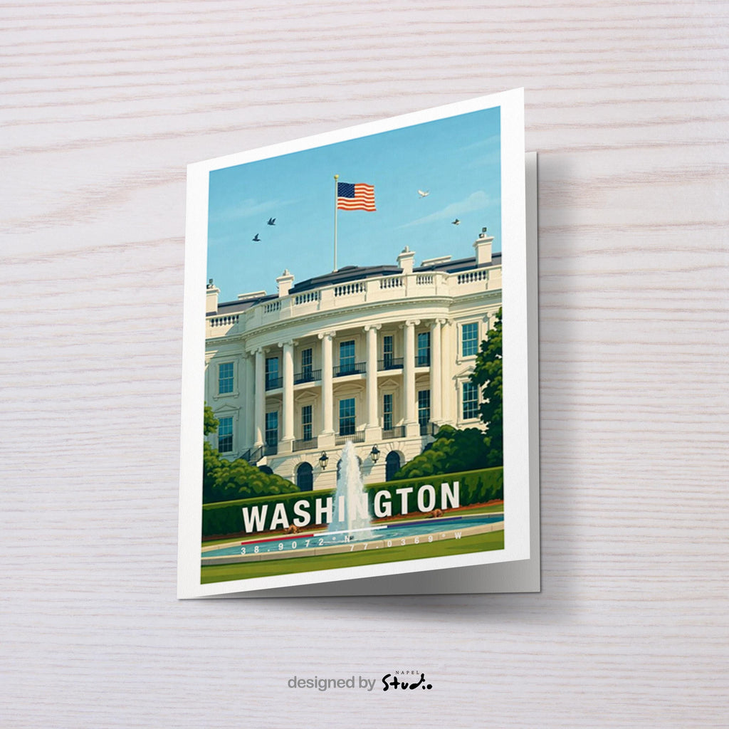 Diese Grußkarte zeigt das Weiße Haus in Washington D.C. mit amerikanischer Flagge und klassischer Architektur. Die Illustration steht für Geschichte, Politik und Kultur der USA und eignet sich hervorragend als Grußkarte oder besonderes Geschenk.