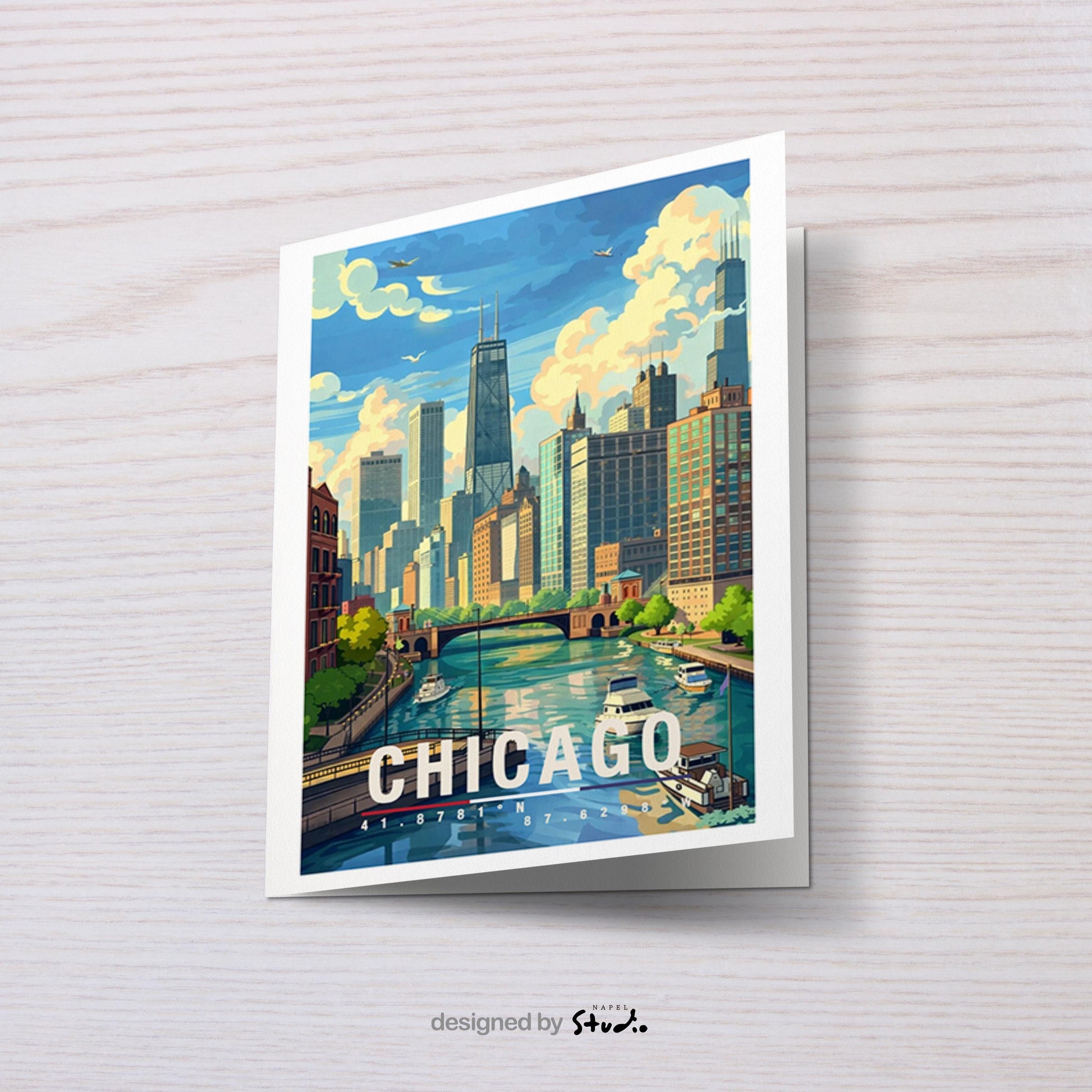 Diese Grußkarte zeigt Chicago mit markanter Skyline, Flusslauf und typischen Hochhäusern. Die Illustration vermittelt urbane Ruhe und Architektur-Flair und eignet sich ideal als Grußkarte oder Geschenk für Chicago- und USA-Fans.