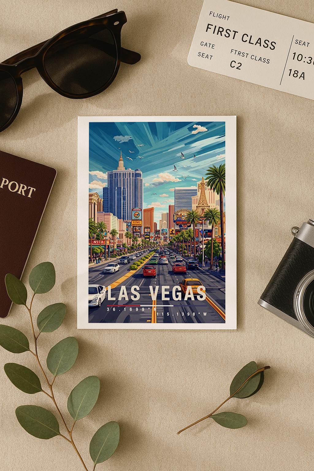 Illustration einer Las Vegas Grußkarte mit klassischer Perspektive auf den Strip, Hotels, Palmen und Straßenverkehr. Die Szene vermittelt Bewegung, Entertainment und Reiselust und eignet sich hervorragend als Grußkarte oder Souvenir für USA-Reisende.