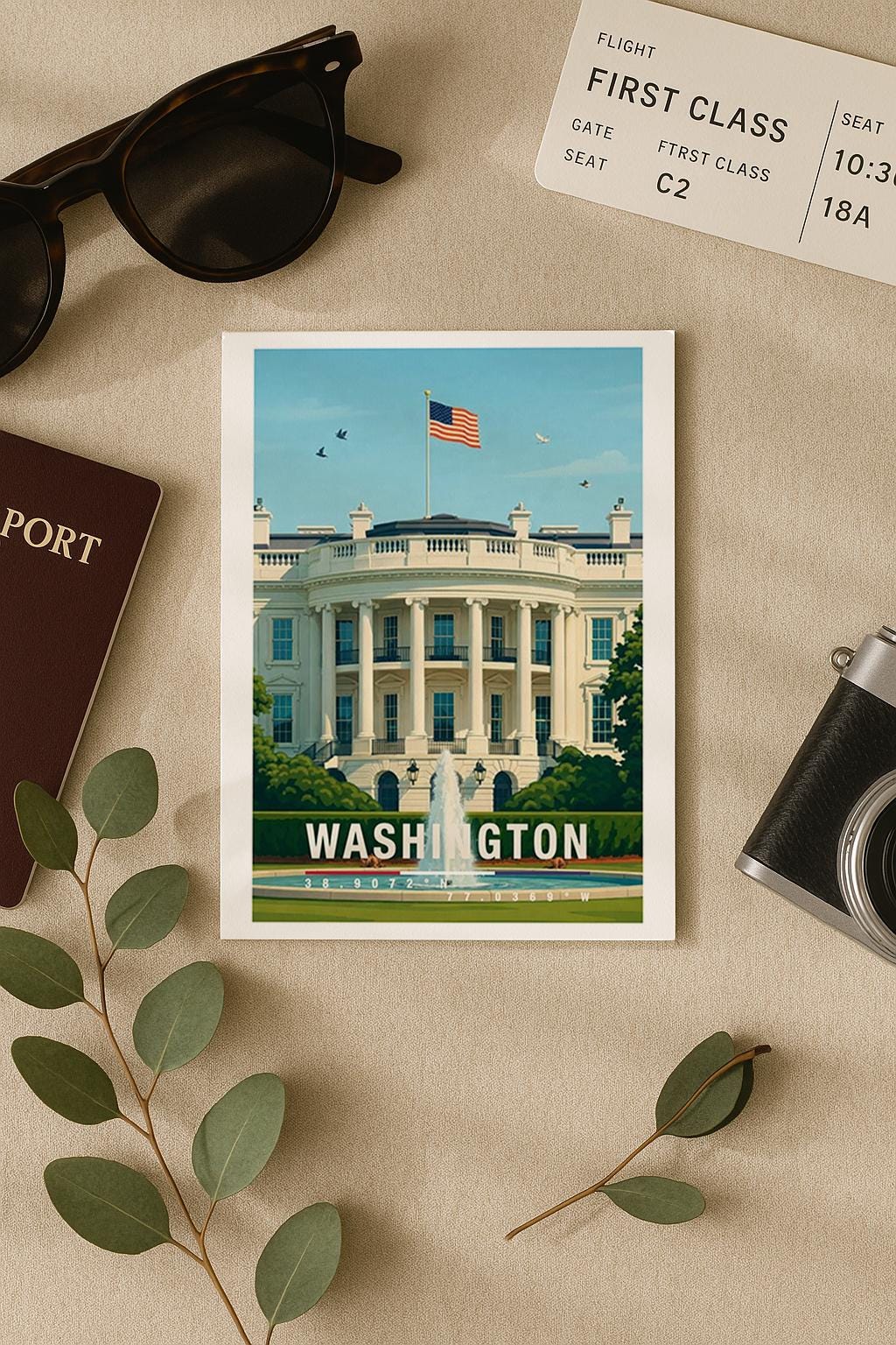 Diese Grußkarte zeigt das Weiße Haus in Washington D.C. mit amerikanischer Flagge und klassischer Architektur. Die Illustration steht für Geschichte, Politik und Kultur der USA und eignet sich hervorragend als Grußkarte oder besonderes Geschenk.