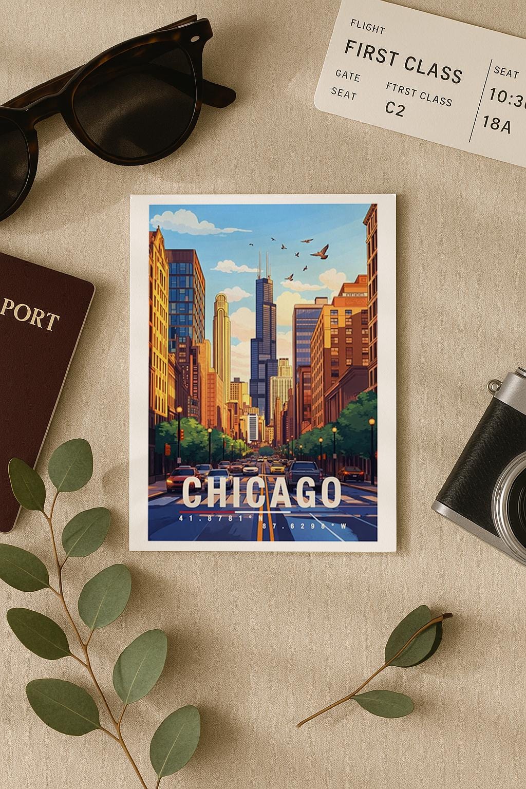 Illustrierte Grußkarte mit Blick auf eine typische Chicagoer Straße, flankiert von hohen Gebäuden und urbanem Leben. Die Szene fängt Dynamik, Architektur und Großstadtgefühl ein und ist perfekt als Reisegruß oder Geschenk geeignet.