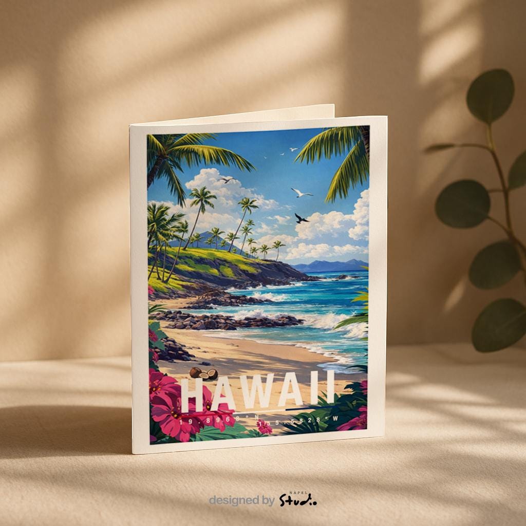 Illustrative Grußkarte mit tropischem Hawaii-Strandmotiv. Zu sehen sind ein sonniger Sandstrand, türkisblaues Meer mit sanften Wellen, Palmen entlang der Küste und üppige pinkfarbene Blumen im Vordergrund. Im Hintergrund erheben sich grüne Hügel unter einem blauen Himmel mit weißen Wolken. Das Motiv vermittelt Urlaubsgefühl, Wärme und Fernweh und eignet sich ideal als Reise-Grußkarte, Urlaubsgruß, Sommerkarte oder Geschenk für Hawaii- und Strandliebhaber.