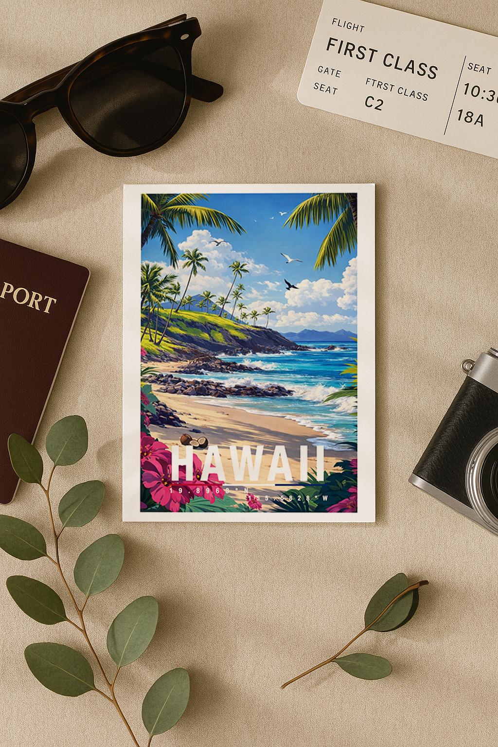 Illustrative Grußkarte mit tropischem Hawaii-Strandmotiv. Zu sehen sind ein sonniger Sandstrand, türkisblaues Meer mit sanften Wellen, Palmen entlang der Küste und üppige pinkfarbene Blumen im Vordergrund. Im Hintergrund erheben sich grüne Hügel unter einem blauen Himmel mit weißen Wolken. Das Motiv vermittelt Urlaubsgefühl, Wärme und Fernweh und eignet sich ideal als Reise-Grußkarte, Urlaubsgruß, Sommerkarte oder Geschenk für Hawaii- und Strandliebhaber.