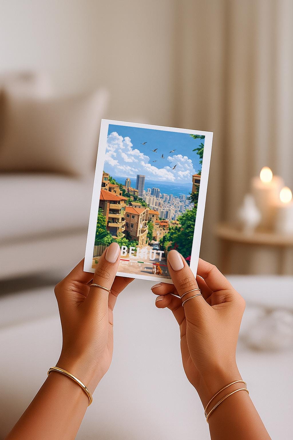 Postkarte Beirut Illustrierte Stadt Libanon Mit Moscheen, Altstadt, Küste & Urbanem Lebensgefühl