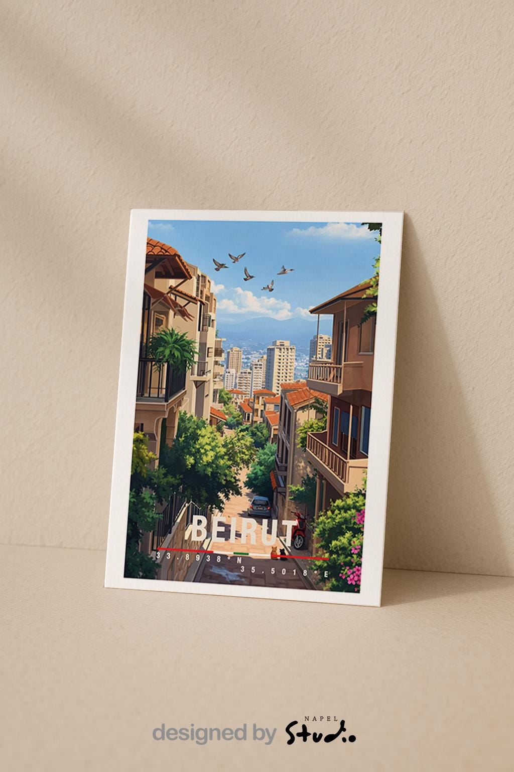 Künstlerische Grußkarte mit Beirut-Motiv, die Moscheen mit Kuppeln und Minaretten zeigt, umgeben von grünen Bäumen und einer lebendigen Stadtlandschaft. Die Szene strahlt Geschichte, Vielfalt und orientalisch-mediterranes Flair aus. Sanfte Farben und klare Linien erzeugen eine harmonische Atmosphäre. Perfekt als Reise-Grußkarte, kultureller Gruß oder Geschenk für Menschen mit Bezug zum Libanon.