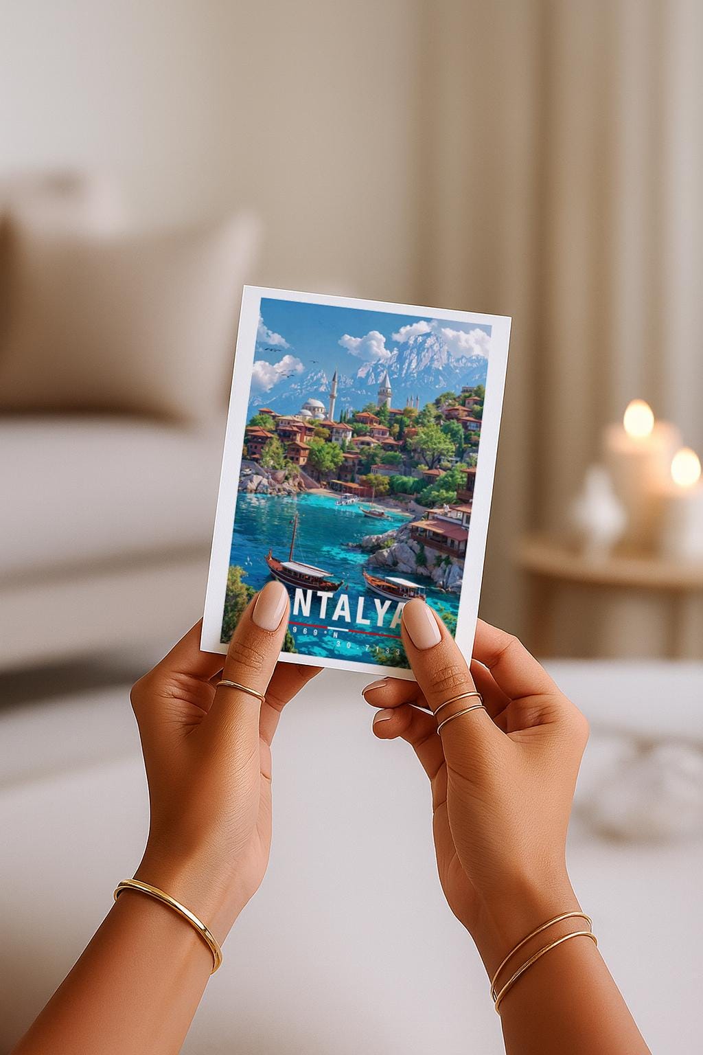 Postkarte Antalya Mediterrane Reise Türkei Mit Küste, Booten & Bergen Im Hintergrund