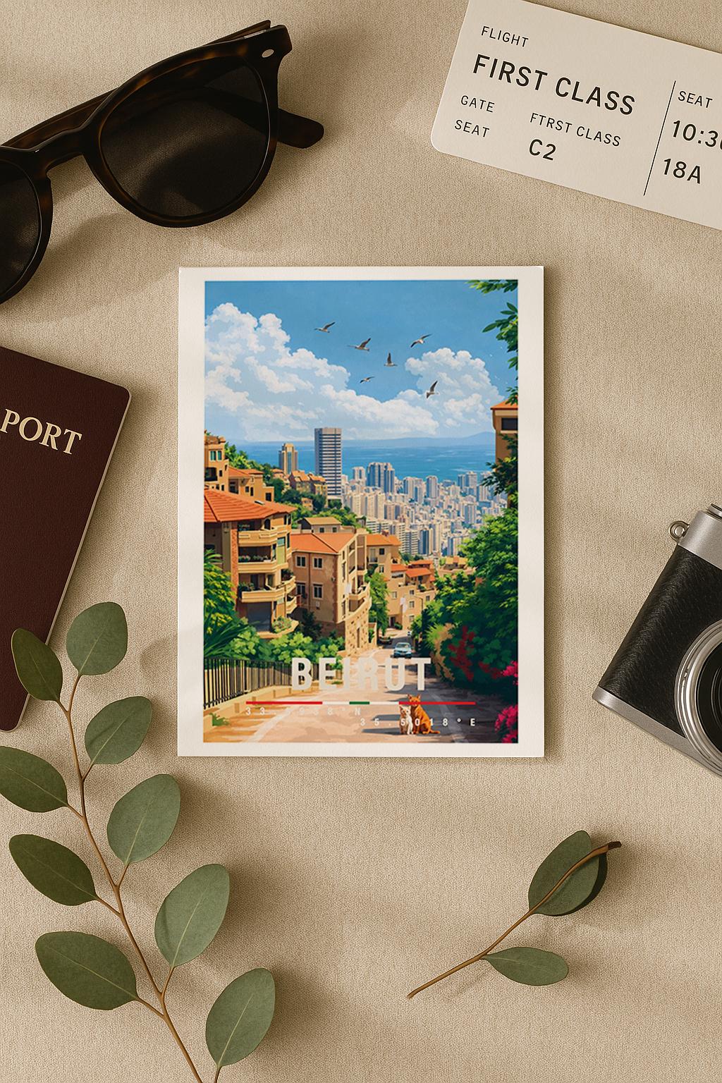 Postkarte Beirut Illustrierte Stadt Libanon Mit Moscheen, Altstadt, Küste & Urbanem Lebensgefühl