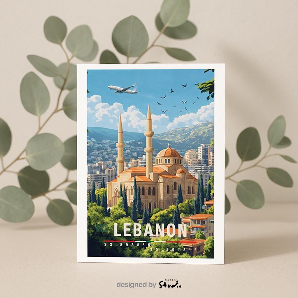 Postkarte Lebanon Illustrierte Reise Aus Dem Libanon Mit Stadtblick, Architektur & Mediterranem Flair
