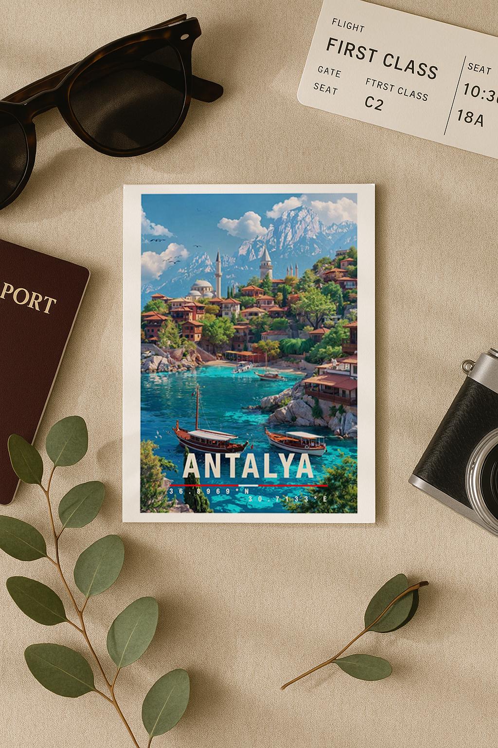 Postkarte Antalya Mediterrane Reise Türkei Mit Küste, Booten & Bergen Im Hintergrund