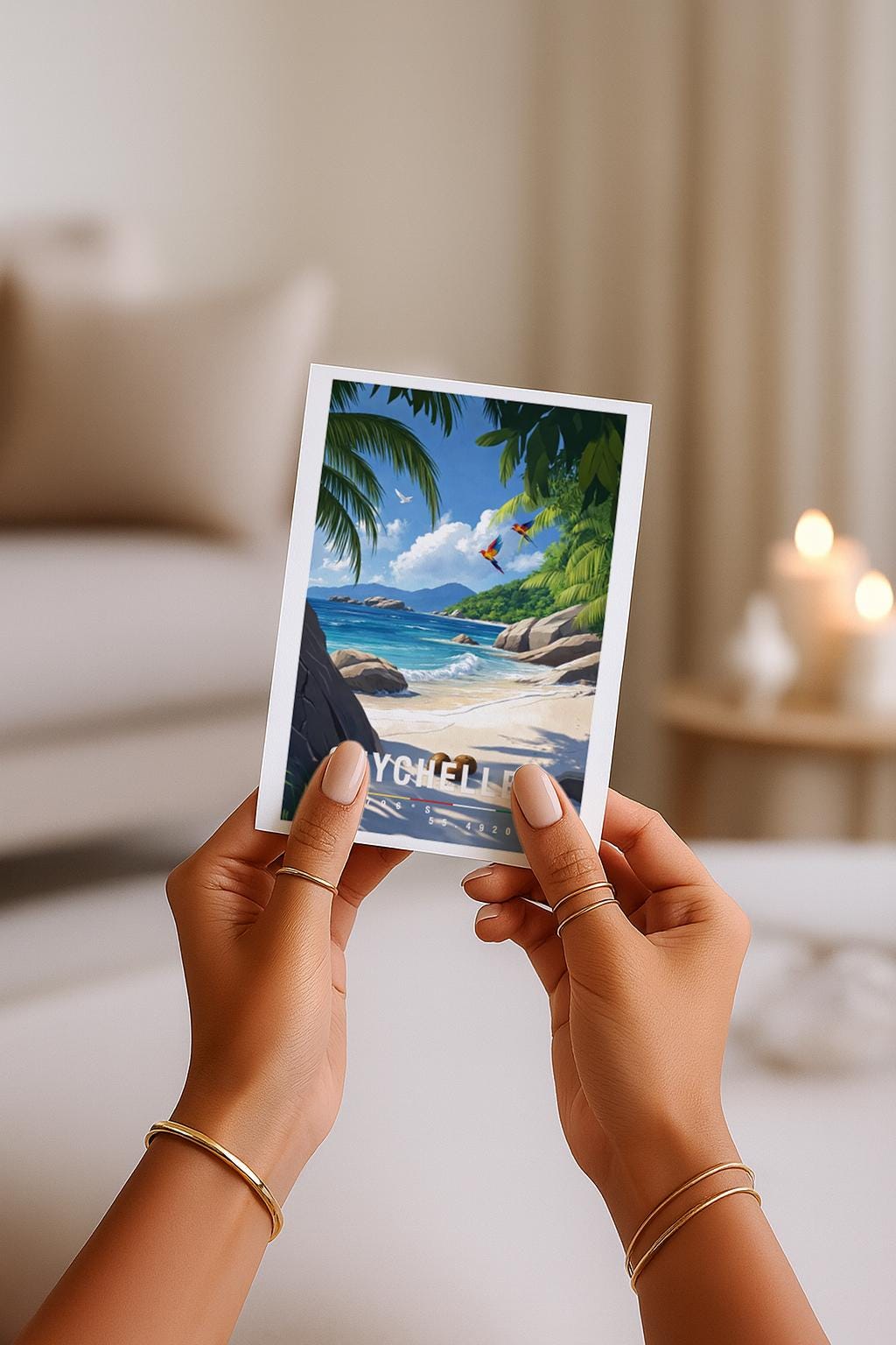 Illustrative Grußkarte mit idyllischem Seychellen-Motiv. Ein ruhiger Sandstrand zieht sich entlang der Küste, umgeben von türkisblauem Meer und sanft brechenden Wellen. Große, runde Granitfelsen liegen am Ufer und im Wasser, während dichte Palmen und tropische Pflanzen das Motiv natürlich einrahmen. Der Himmel ist klar und hellblau mit leichten Wolken und vermittelt Weite und Ruhe. Die Szene strahlt Entspannung, Exotik und Urlaubsgefühl aus.