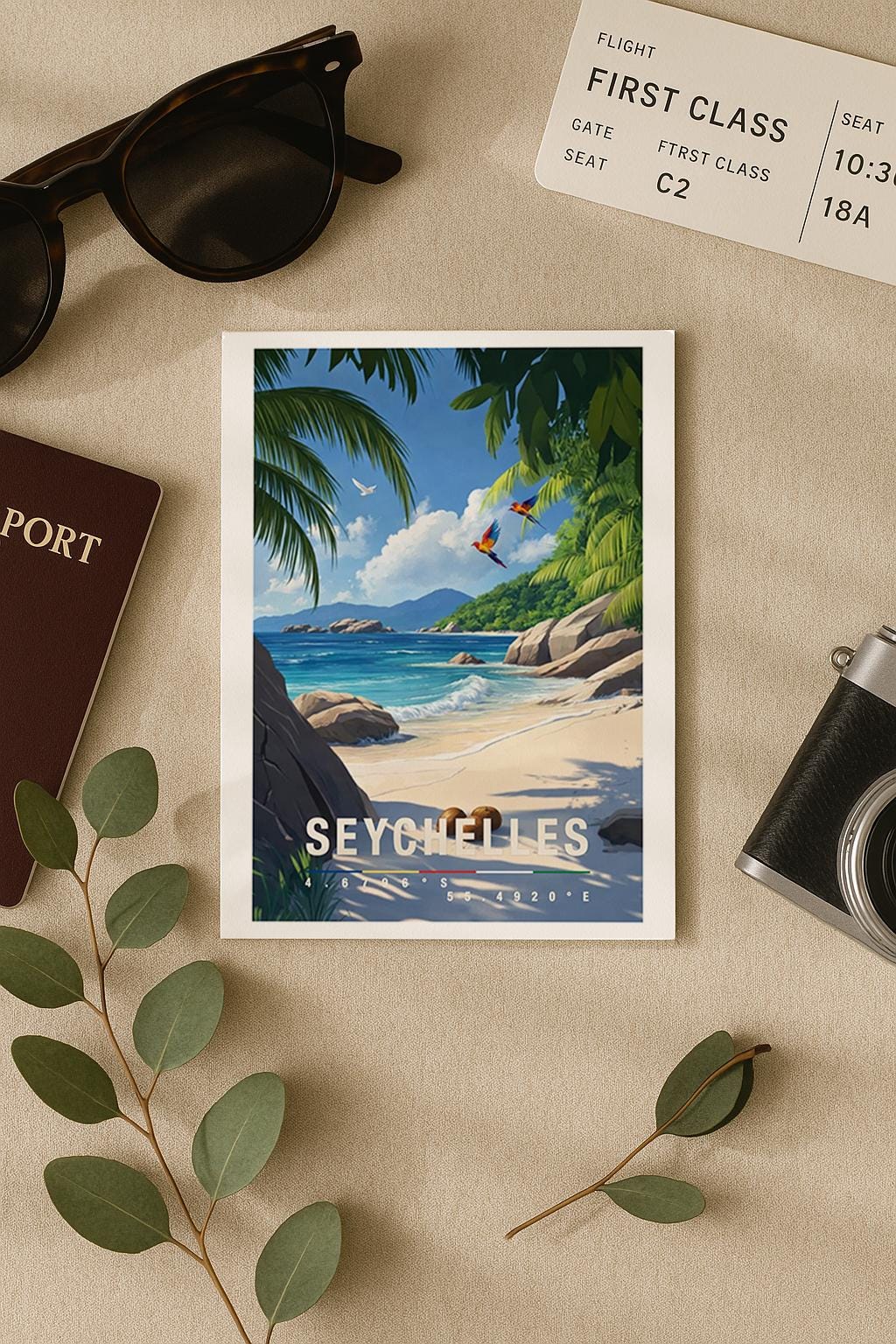 Illustrative Grußkarte mit idyllischem Seychellen-Motiv. Ein ruhiger Sandstrand zieht sich entlang der Küste, umgeben von türkisblauem Meer und sanft brechenden Wellen. Große, runde Granitfelsen liegen am Ufer und im Wasser, während dichte Palmen und tropische Pflanzen das Motiv natürlich einrahmen. Der Himmel ist klar und hellblau mit leichten Wolken und vermittelt Weite und Ruhe. Die Szene strahlt Entspannung, Exotik und Urlaubsgefühl aus.