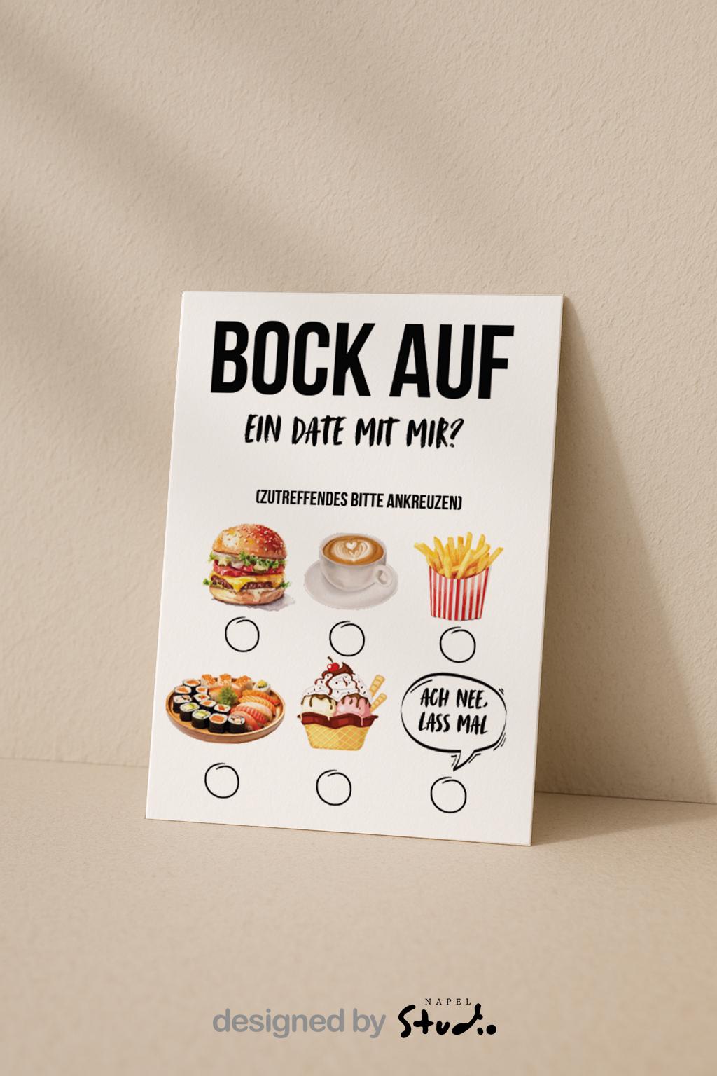 Lustige Grußkarte mit dem Text „Bock auf ein Date mit mir?“ und Auswahlmöglichkeiten zum Ankreuzen. Abgebildet sind verschiedene Date-Optionen wie Burger, Kaffee, Pommes, Sushi, Eis sowie die Antwort „Ach nee lass mal“. Humorvolle Einladungskarte für ein Date, ideal als witzige Liebes- oder Flirtkarte für Partner, Crush oder Lieblingsmensch. Modernes, verspieltes Design auf hellem Hintergrund.