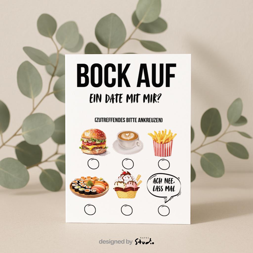 Lustige Grußkarte mit dem Text „Bock auf ein Date mit mir?“ und Auswahlmöglichkeiten zum Ankreuzen. Abgebildet sind verschiedene Date-Optionen wie Burger, Kaffee, Pommes, Sushi, Eis sowie die Antwort „Ach nee lass mal“. Humorvolle Einladungskarte für ein Date, ideal als witzige Liebes- oder Flirtkarte für Partner, Crush oder Lieblingsmensch. Modernes, verspieltes Design auf hellem Hintergrund.