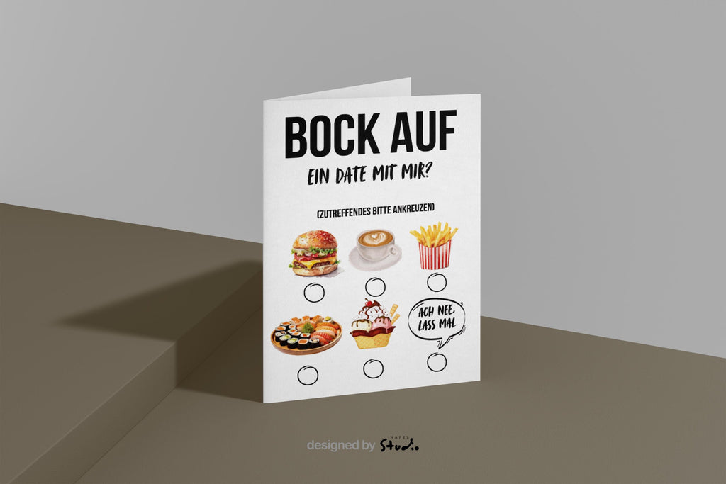 Lustige Grußkarte mit dem Text „Bock auf ein Date mit mir?“ und Auswahlmöglichkeiten zum Ankreuzen. Abgebildet sind verschiedene Date-Optionen wie Burger, Kaffee, Pommes, Sushi, Eis sowie die Antwort „Ach nee lass mal“. Humorvolle Einladungskarte für ein Date, ideal als witzige Liebes- oder Flirtkarte für Partner, Crush oder Lieblingsmensch. Modernes, verspieltes Design auf hellem Hintergrund.