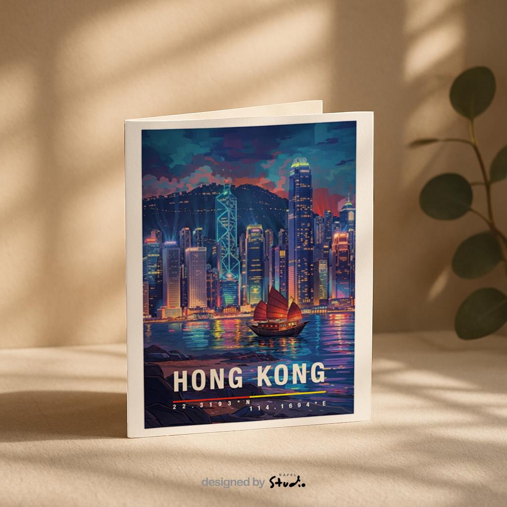 Moderne Grußkarte mit einer farbenfrohen Skyline von Hong Kong bei Nacht. Hochhäuser spiegeln sich im Wasser, Neonlichter und Wolkenkratzer erzeugen eine dynamische, urbane Atmosphäre. Die Illustration steht für Großstadtleben, Energie und modernes Asien. Ideal als Reisegrußkarte, City-Liebhaber-Karte oder als stilvolle Grußkarte für Fans internationaler Metropolen.