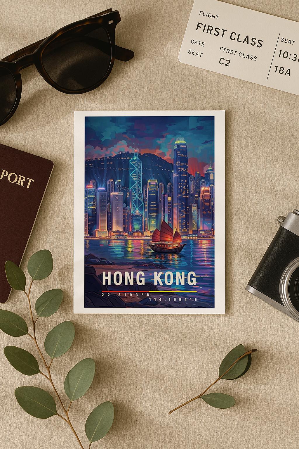 Moderne Grußkarte mit einer farbenfrohen Skyline von Hong Kong bei Nacht. Hochhäuser spiegeln sich im Wasser, Neonlichter und Wolkenkratzer erzeugen eine dynamische, urbane Atmosphäre. Die Illustration steht für Großstadtleben, Energie und modernes Asien. Ideal als Reisegrußkarte, City-Liebhaber-Karte oder als stilvolle Grußkarte für Fans internationaler Metropolen.
