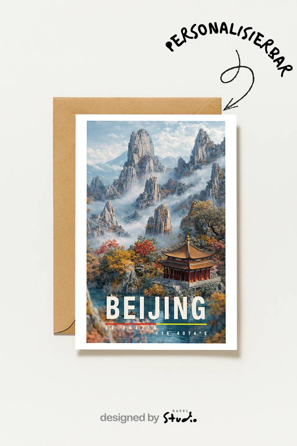 Detailreiche Grußkarte mit einer ruhigen Landschaft aus der Region Beijing. Ein traditioneller chinesischer Tempel liegt eingebettet zwischen Bergen, Nebel und herbstlichen Farben. Die Illustration strahlt Harmonie, Naturverbundenheit und kulturelle Tiefe aus. Ideal als Grußkarte für Asien-Reisende, Kulturinteressierte oder als besondere Karte mit spiritueller Stimmung.