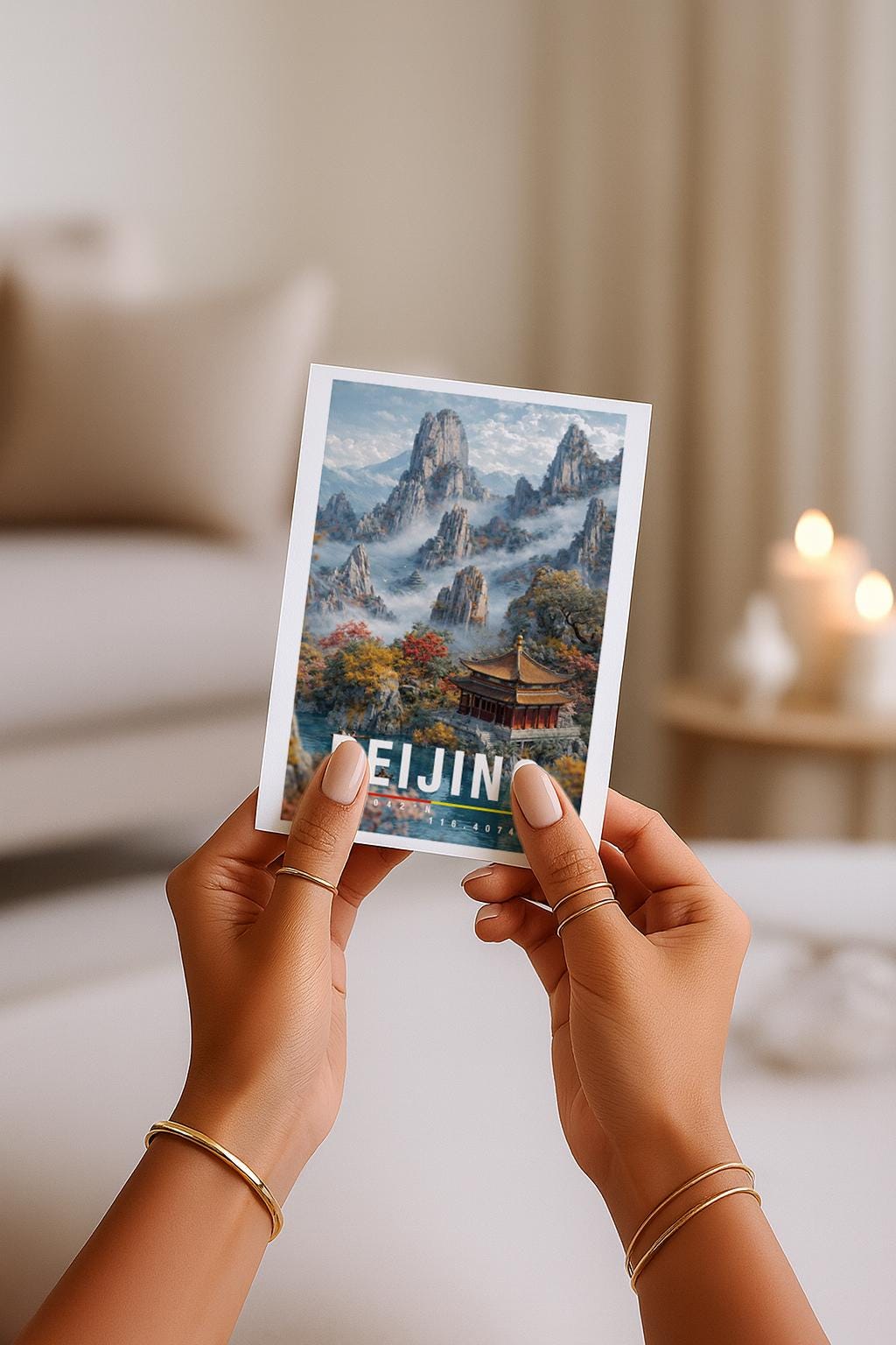 Detailreiche Grußkarte mit einer ruhigen Landschaft aus der Region Beijing. Ein traditioneller chinesischer Tempel liegt eingebettet zwischen Bergen, Nebel und herbstlichen Farben. Die Illustration strahlt Harmonie, Naturverbundenheit und kulturelle Tiefe aus. Ideal als Grußkarte für Asien-Reisende, Kulturinteressierte oder als besondere Karte mit spiritueller Stimmung.