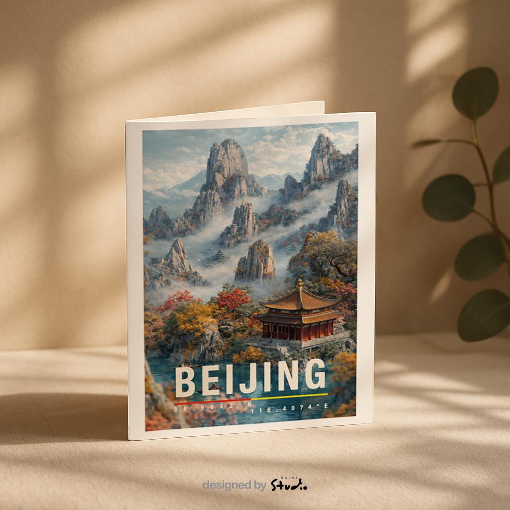 Detailreiche Grußkarte mit einer ruhigen Landschaft aus der Region Beijing. Ein traditioneller chinesischer Tempel liegt eingebettet zwischen Bergen, Nebel und herbstlichen Farben. Die Illustration strahlt Harmonie, Naturverbundenheit und kulturelle Tiefe aus. Ideal als Grußkarte für Asien-Reisende, Kulturinteressierte oder als besondere Karte mit spiritueller Stimmung.