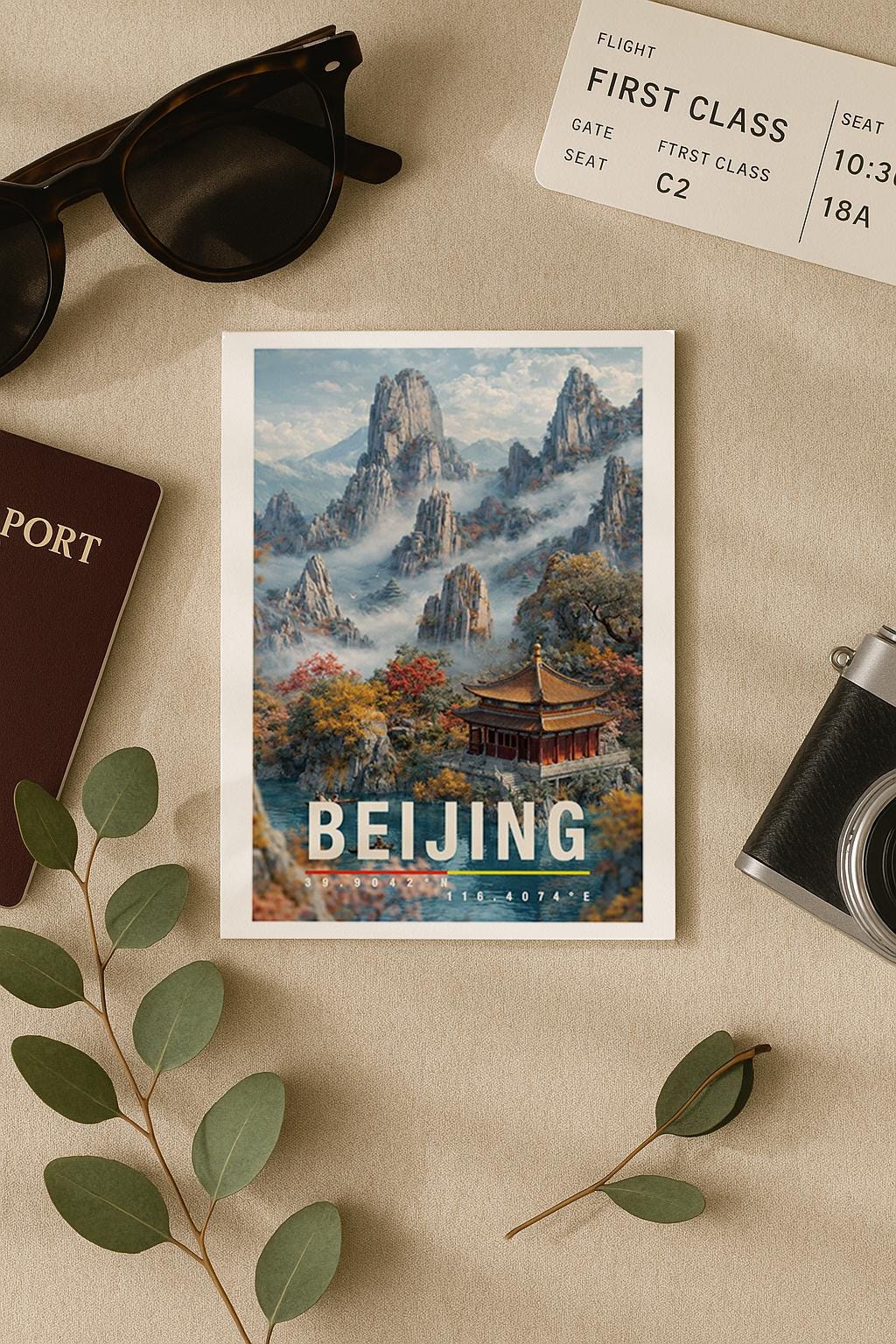 Detailreiche Grußkarte mit einer ruhigen Landschaft aus der Region Beijing. Ein traditioneller chinesischer Tempel liegt eingebettet zwischen Bergen, Nebel und herbstlichen Farben. Die Illustration strahlt Harmonie, Naturverbundenheit und kulturelle Tiefe aus. Ideal als Grußkarte für Asien-Reisende, Kulturinteressierte oder als besondere Karte mit spiritueller Stimmung.