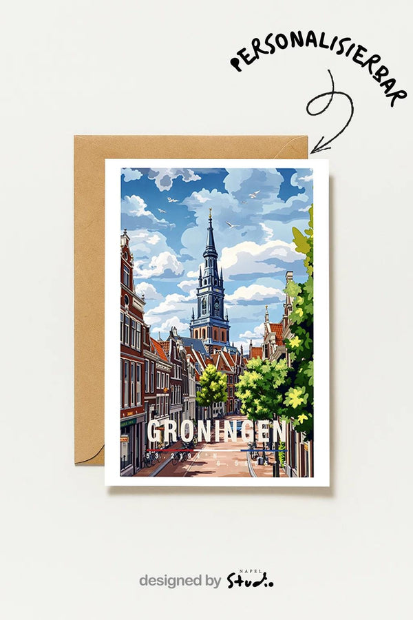 Postkarte Groningen, Niederlande Städtegruß, Historische Stadt Illustration, Kirche Motiv, Reise , Europa Geschenk