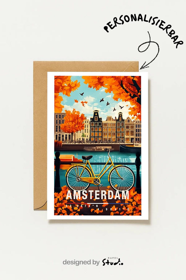 Postkarte Amsterdam , Niederlande Städtegruß, Herbstmotiv Mit Fahrrad, Gracht Illustration, Reise , Geschenkidee