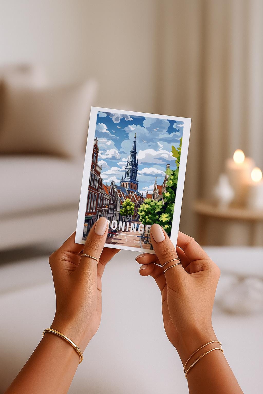 Illustrative Grußkarte mit Blick auf Groningen. Zu sehen sind historische Häuserreihen, grüne Bäume und der markante Kirchturm der Stadt. Die Szene verbindet Ruhe und urbanes Leben und eignet sich hervorragend als Reisekarte oder liebevoller Städtegruß aus den Niederlanden.