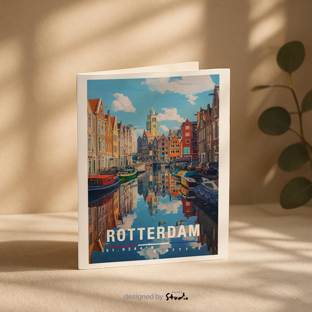 Diese Grußkarte zeigt eine idyllische Gracht in Rotterdam mit spiegelndem Wasser, bunten Häuserfassaden und Booten. Die detailreiche Illustration fängt die ruhige Atmosphäre der niederländischen Wasserstadt ein und vermittelt ein Gefühl von Reise, Entschleunigung und urbaner Romantik. Perfekt als Grußkarte, Reisekarte oder Erinnerung an die Niederlande.