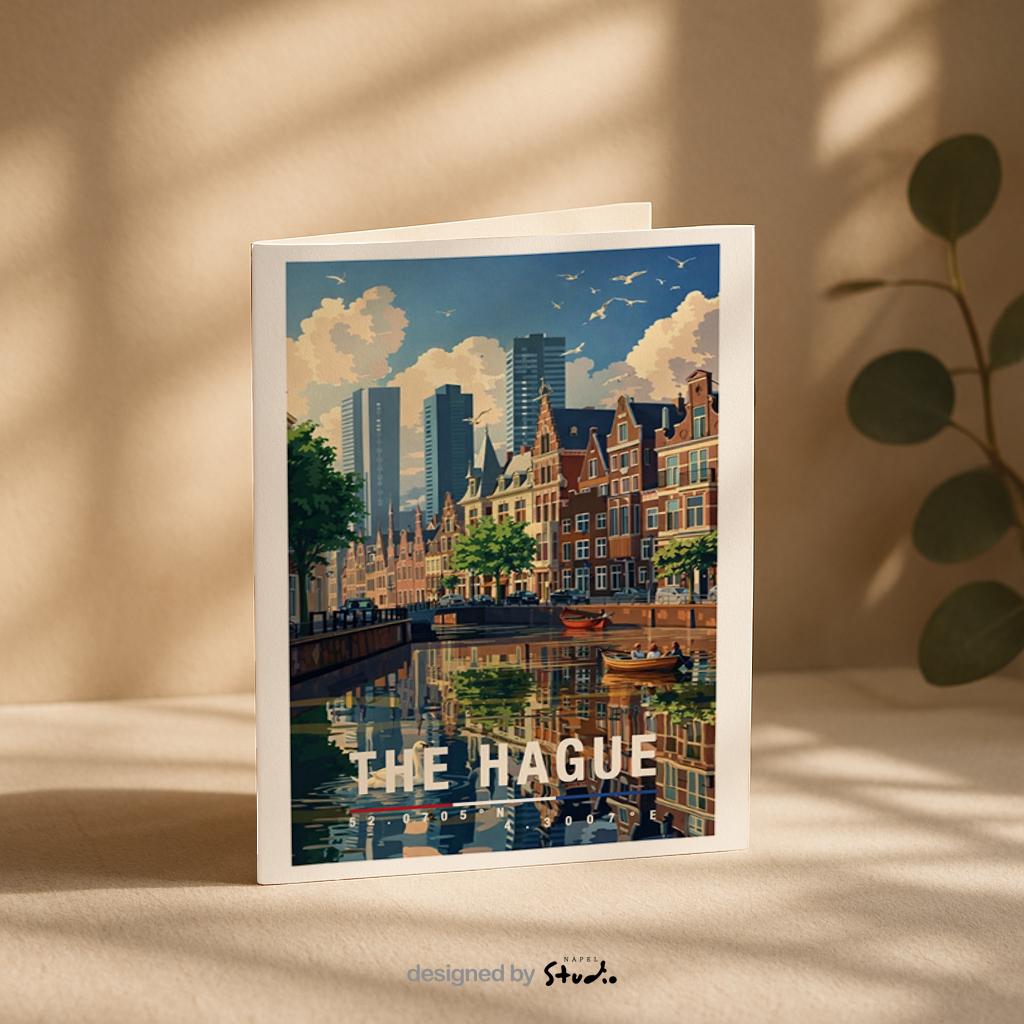 Illustrative Grußkarte mit Blick auf die historische Altstadt von Den Haag. Zu sehen sind klassische Backsteinfassaden, Kirchtürme und urbane Architektur vor einem dramatischen Himmel. Die Szene verbindet Tradition und Moderne und eignet sich ideal als stilvolle Reisekarte oder persönlicher Städtegruß aus den Niederlanden.