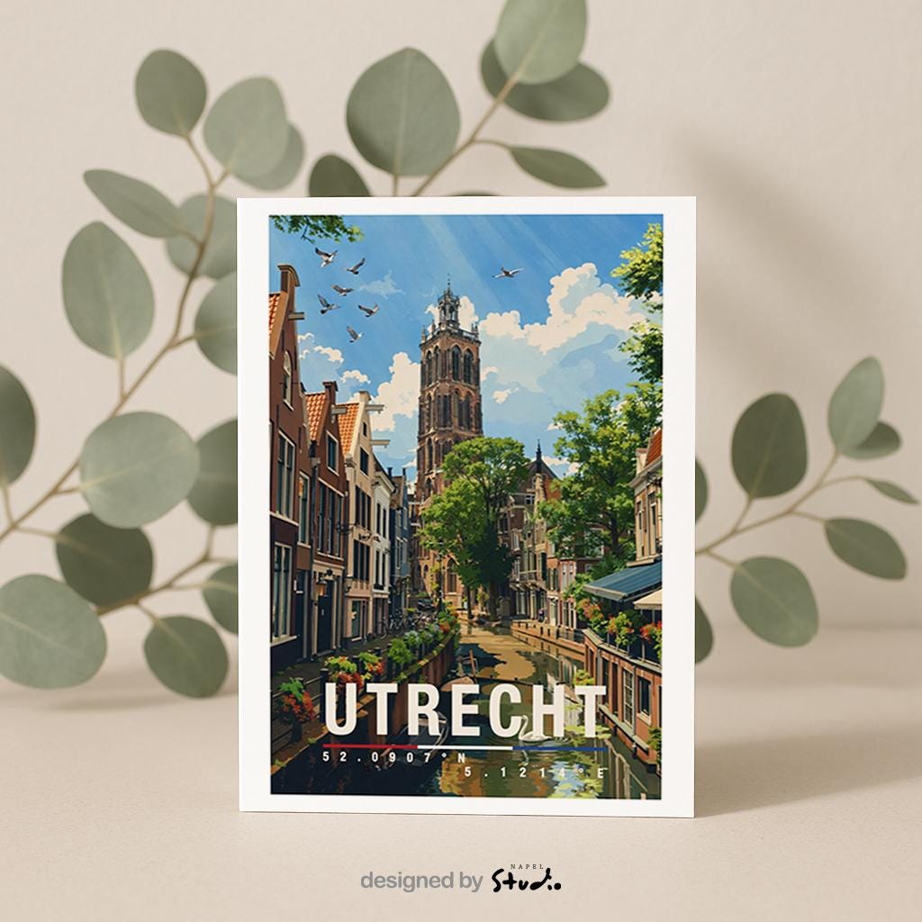 Diese Grußkarte zeigt eine malerische Gracht in Utrecht mit historischen Häusern, Booten und dem markanten Domturm im Hintergrund. Die Illustration vermittelt Ruhe, Geschichte und typisch niederländisches Stadtgefühl – ideal als stilvolle Reisekarte oder persönlicher Gruß aus Utrecht.