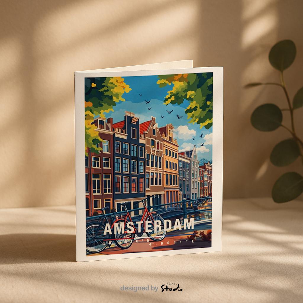 Illustrative Grußkarte mit mehreren Fahrrädern an einer Amsterdamer Gracht, umgeben von typischen schmalen Häuserfassaden. Die Szene steht für Alltag, Freiheit und urbanes Lebensgefühl in den Niederlanden und eignet sich ideal als moderne Reisekarte oder Städtegruß.