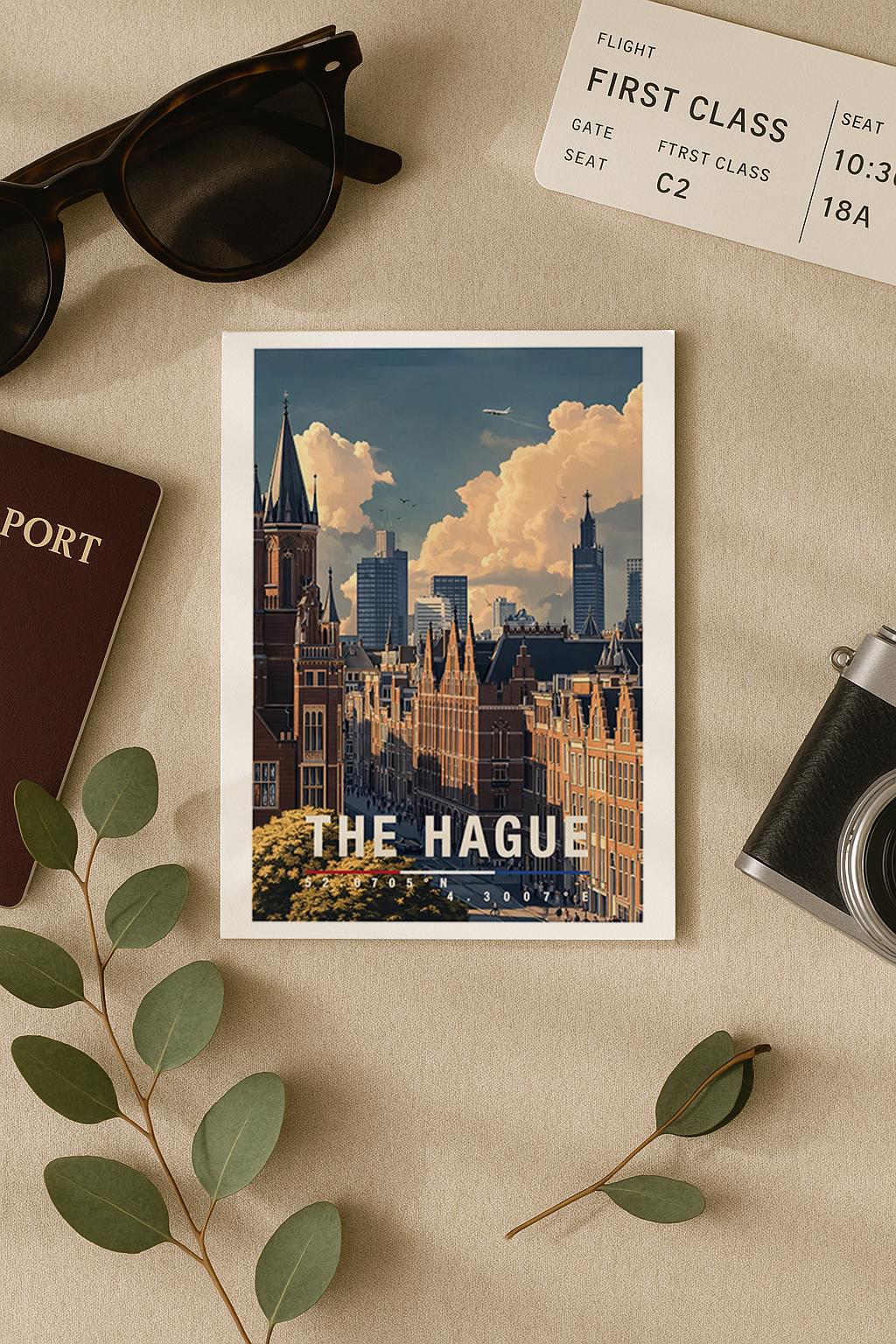 Diese Grußkarte zeigt eine moderne Gracht in Den Haag mit spiegelndem Wasser, traditionellen Häusern und zeitgenössischer Skyline im Hintergrund. Die Illustration verbindet klassische niederländische Architektur mit urbanem Großstadtgefühl und ist ideal als moderne Reisekarte oder stilvoller Städtegruß.