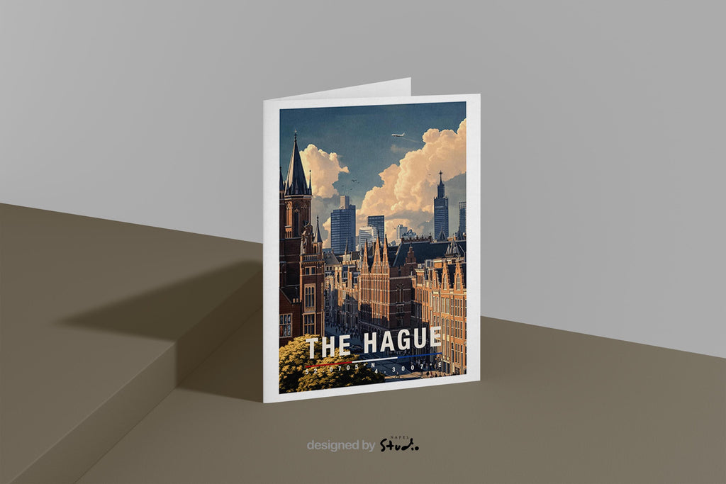 Diese Grußkarte zeigt eine moderne Gracht in Den Haag mit spiegelndem Wasser, traditionellen Häusern und zeitgenössischer Skyline im Hintergrund. Die Illustration verbindet klassische niederländische Architektur mit urbanem Großstadtgefühl und ist ideal als moderne Reisekarte oder stilvoller Städtegruß.