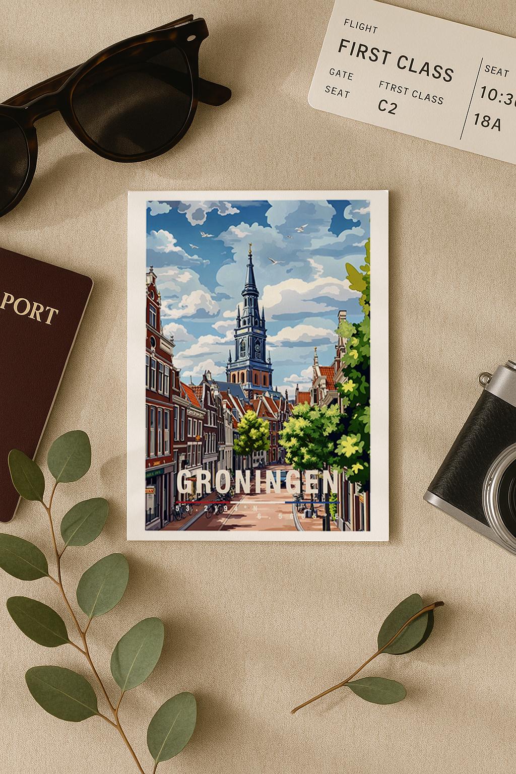 Illustrative Grußkarte mit Blick auf Groningen. Zu sehen sind historische Häuserreihen, grüne Bäume und der markante Kirchturm der Stadt. Die Szene verbindet Ruhe und urbanes Leben und eignet sich hervorragend als Reisekarte oder liebevoller Städtegruß aus den Niederlanden.