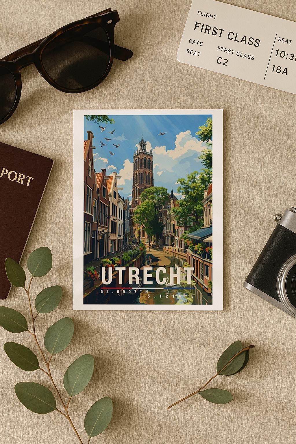 Diese Grußkarte zeigt eine malerische Gracht in Utrecht mit historischen Häusern, Booten und dem markanten Domturm im Hintergrund. Die Illustration vermittelt Ruhe, Geschichte und typisch niederländisches Stadtgefühl – ideal als stilvolle Reisekarte oder persönlicher Gruß aus Utrecht.