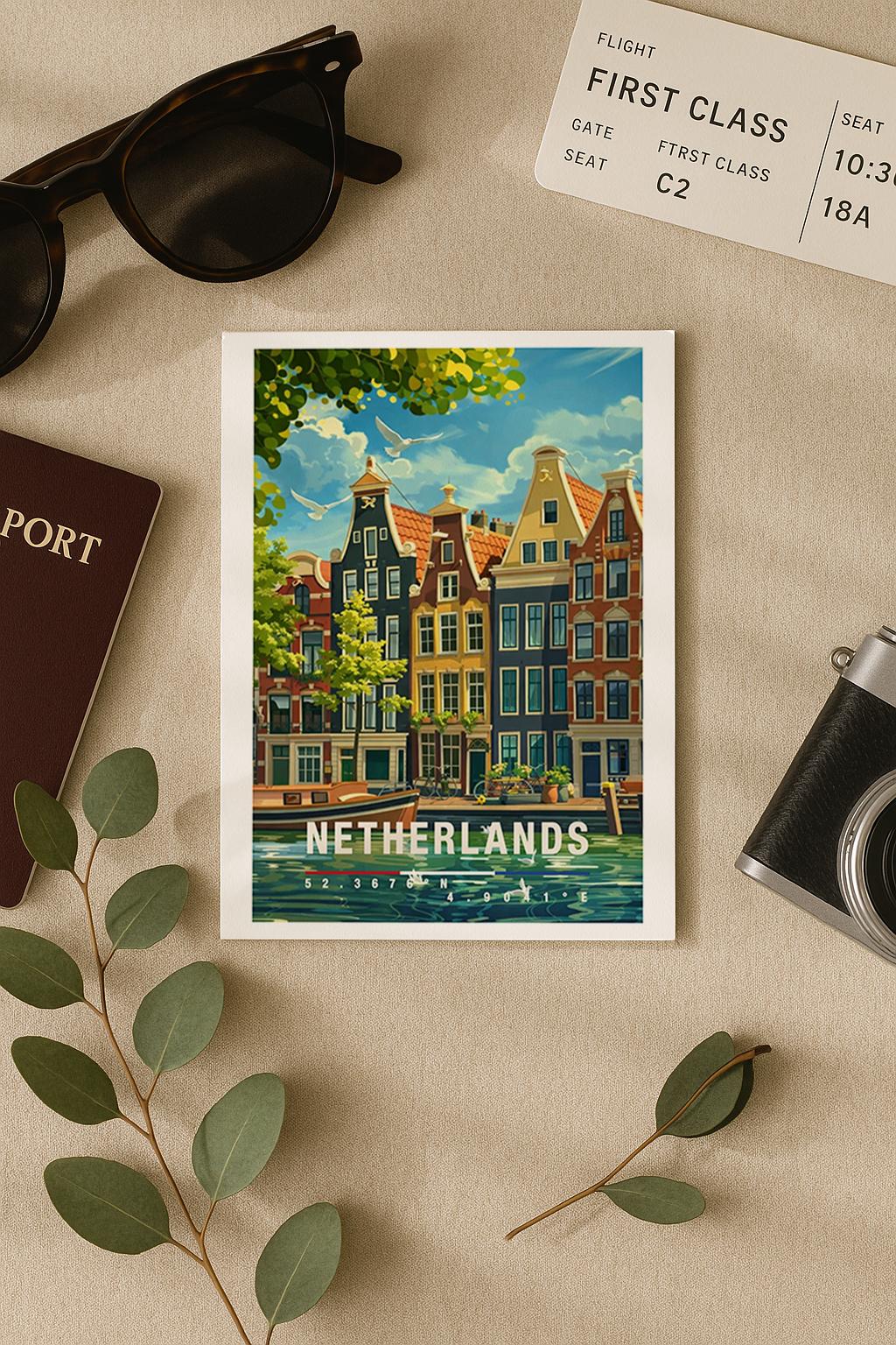Diese Grußkarte zeigt klassische niederländische Grachtenhäuser mit spiegelndem Wasser, Booten und grünen Akzenten. Die Illustration steht symbolisch für die Niederlande und vermittelt Ruhe, Architektur und europäisches Stadtflair – ideal als allgemeine Reisekarte oder stilvoller Gruß.
