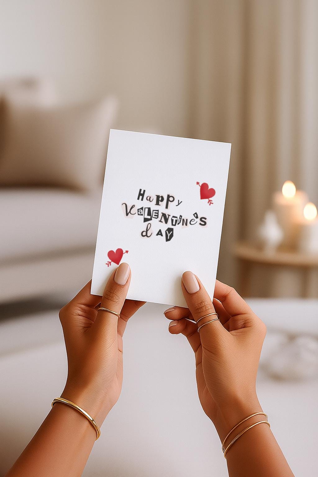 Verspielte Valentinstags Grußkarte mit Collage-Typografie und kleinen Herzillustrationen, modernes Design auf hellem Hintergrund, perfekt als liebevolle Valentine Karte für Partner oder Lieblingsmenschen, ideal für romantische Grüße mit kreativem Stil.